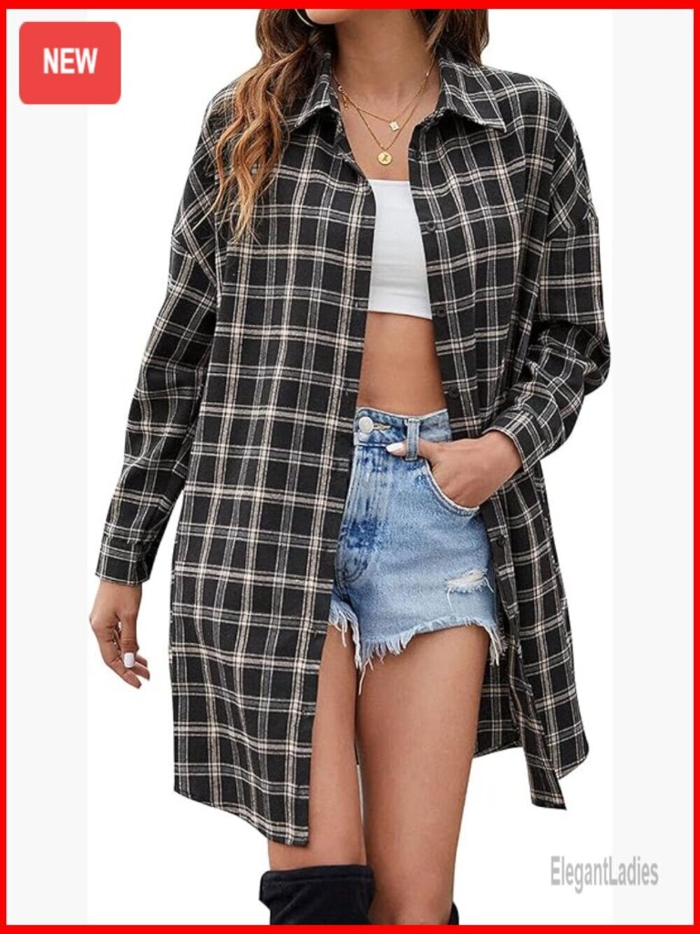 Oversized Plaid Flannel Shacket, Long Sleeve Button Down Casual Jacket